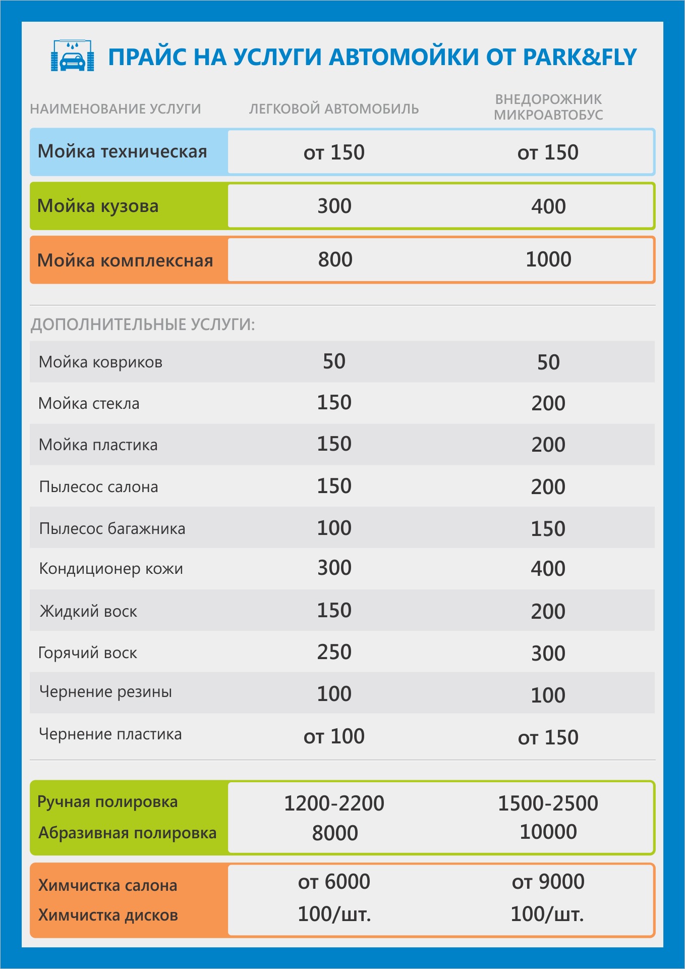 Прайс на мойку автомобиля