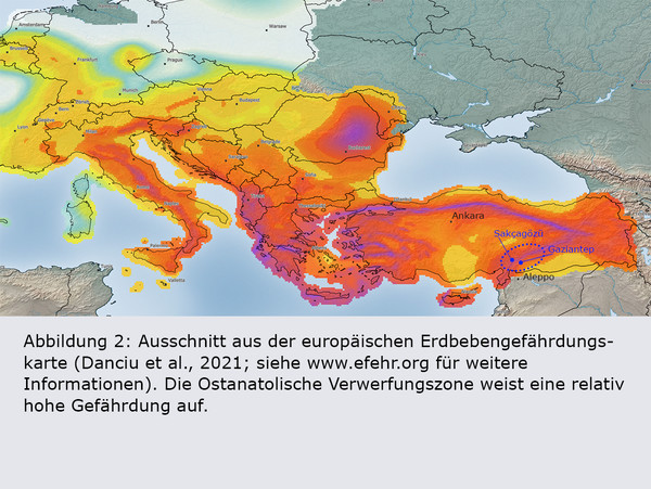 Das Auftreten starker Erdbeben wie derjenigen des 6. Februar ist daher nicht unerwartet. Regionen mit tieferer Gefährdungsstufe sind in Abbildung 2 gelb eingefärbt.